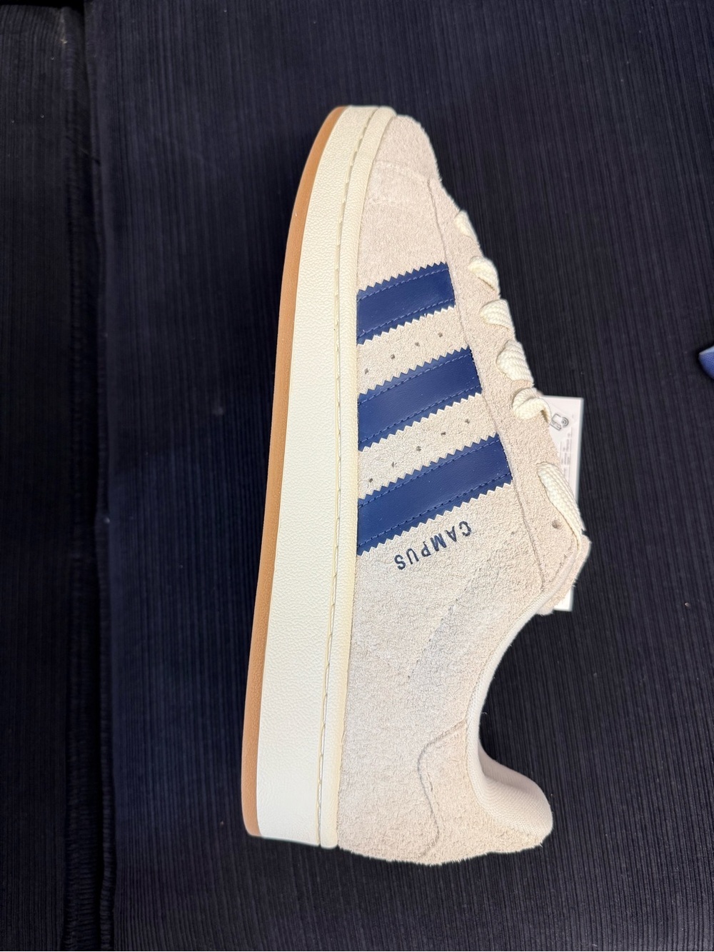 adidas Campus Suede Sneaker - Cream with Blue Stripes and Gum Sole